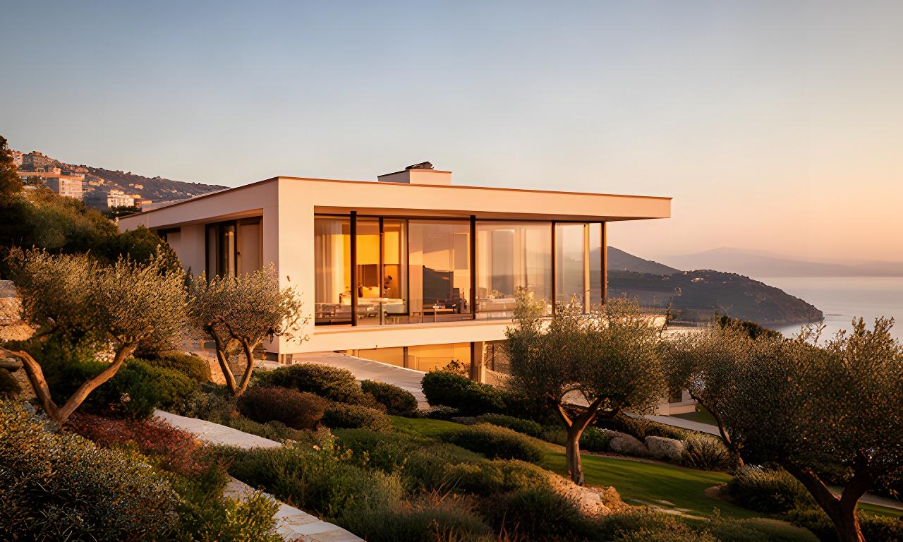 Villa moderna completata a Genova, con ampie vetrate e giardino mediterraneo al tramonto