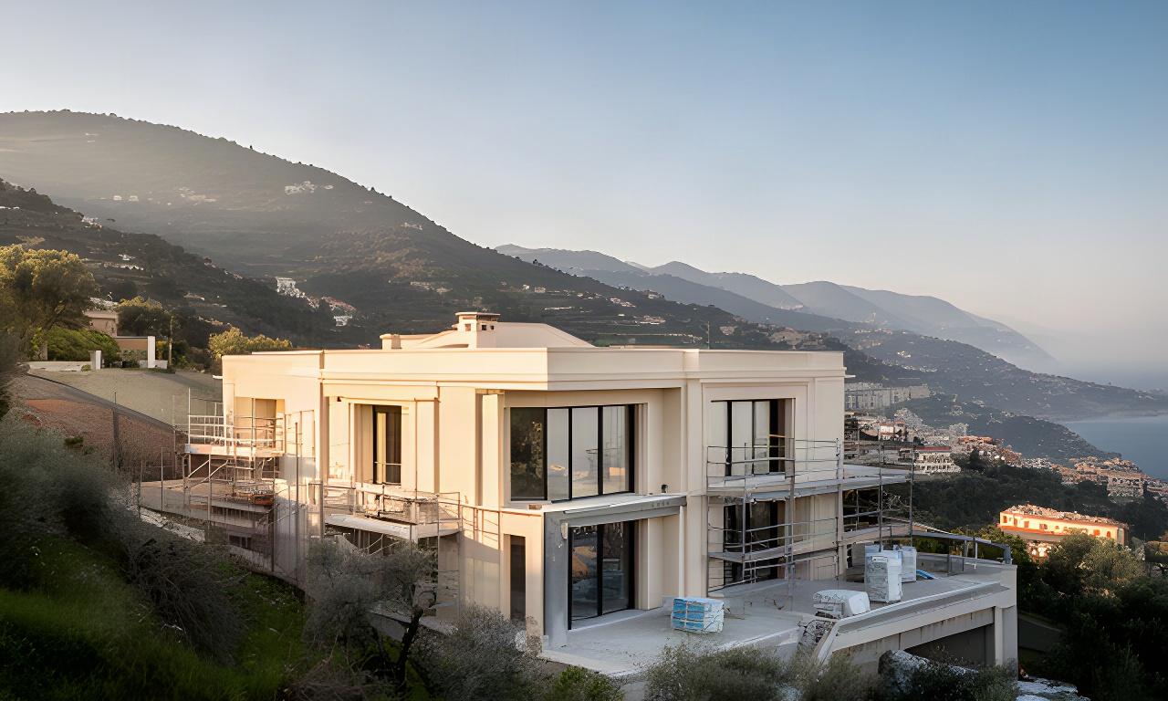 Casa contemporanea in costruzione sulle colline di Genova, con facciata chiara e ampie vetrate
