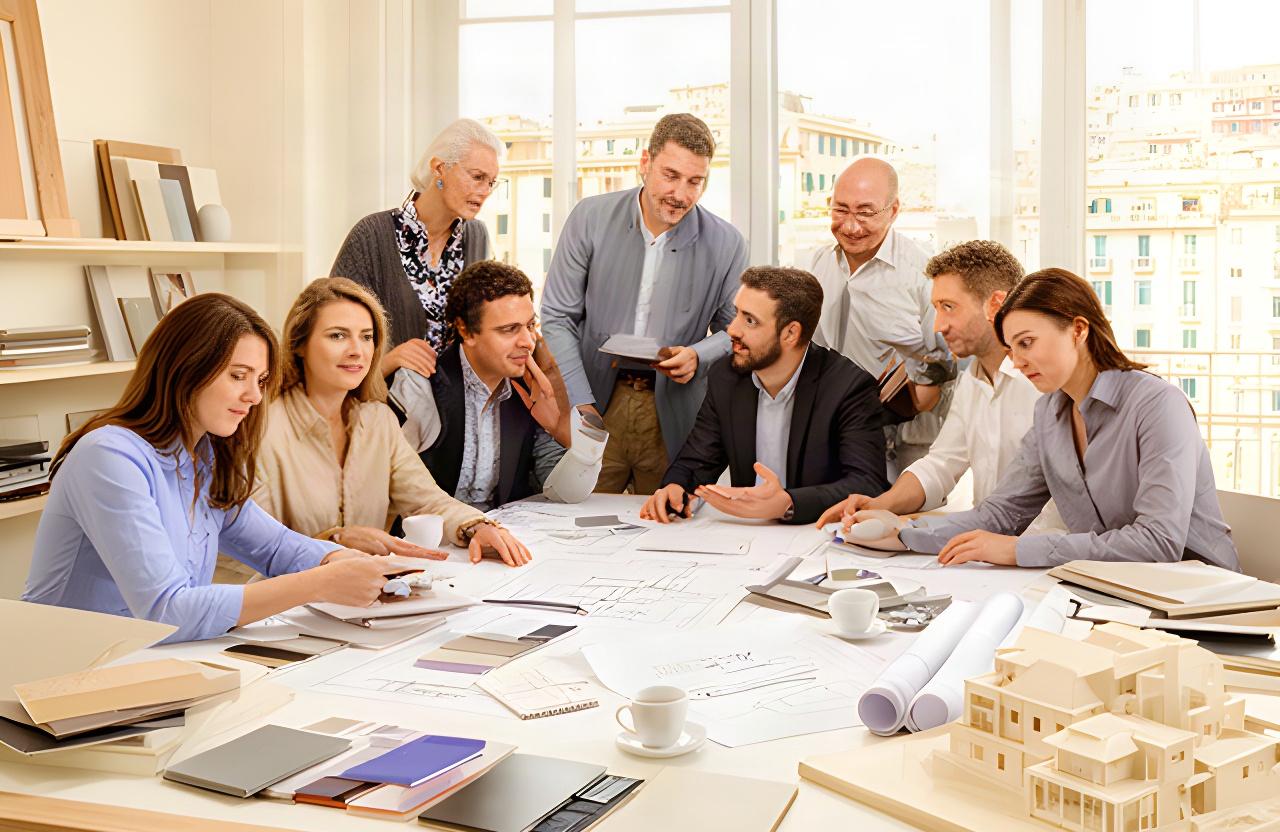 Team di progettazione riunito attorno a un tavolo in uno studio luminoso di Genova