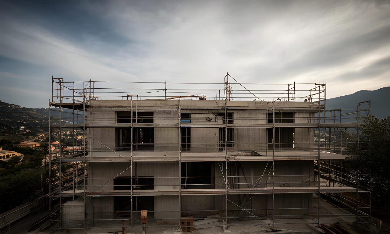 Cantiere residenziale in Liguria con struttura in cemento, ponteggio e cielo aperto