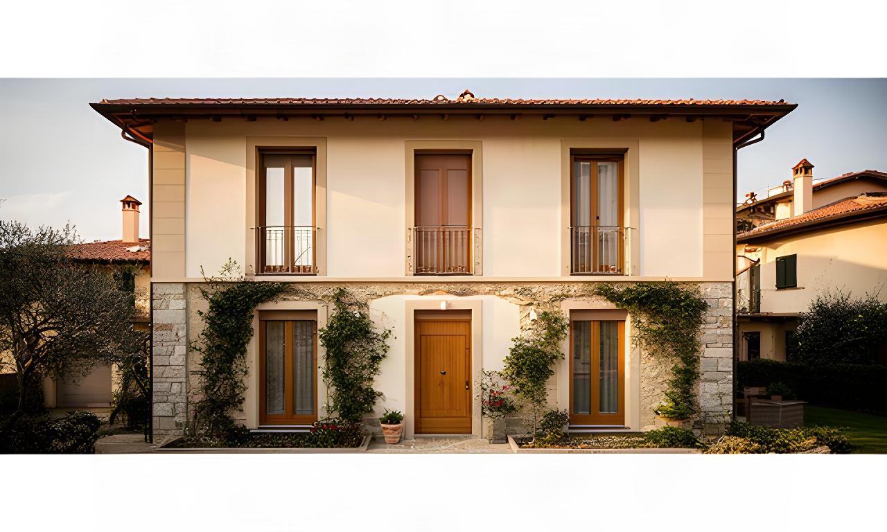 Facciata di una casa residenziale ligure con luce naturale e materiali caldi