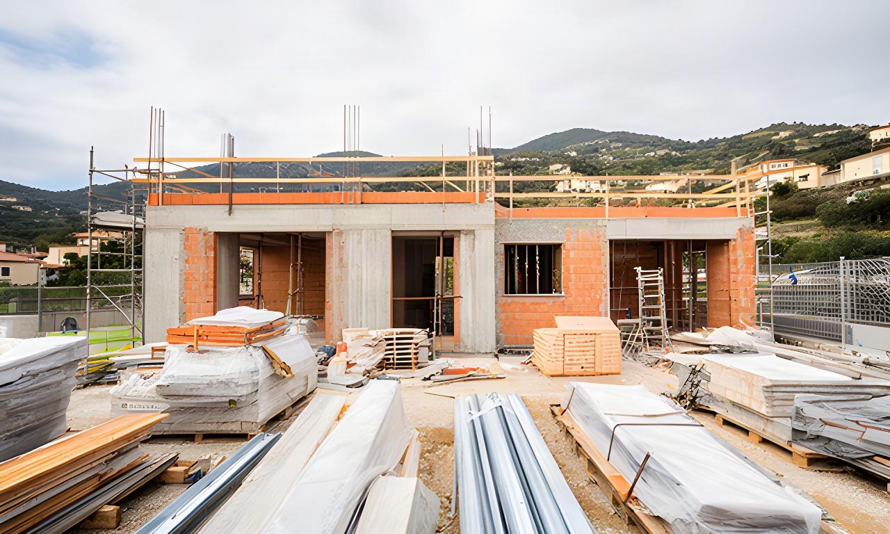 Cantiere di una casa residenziale ligure con struttura in costruzione e materiali ordinati