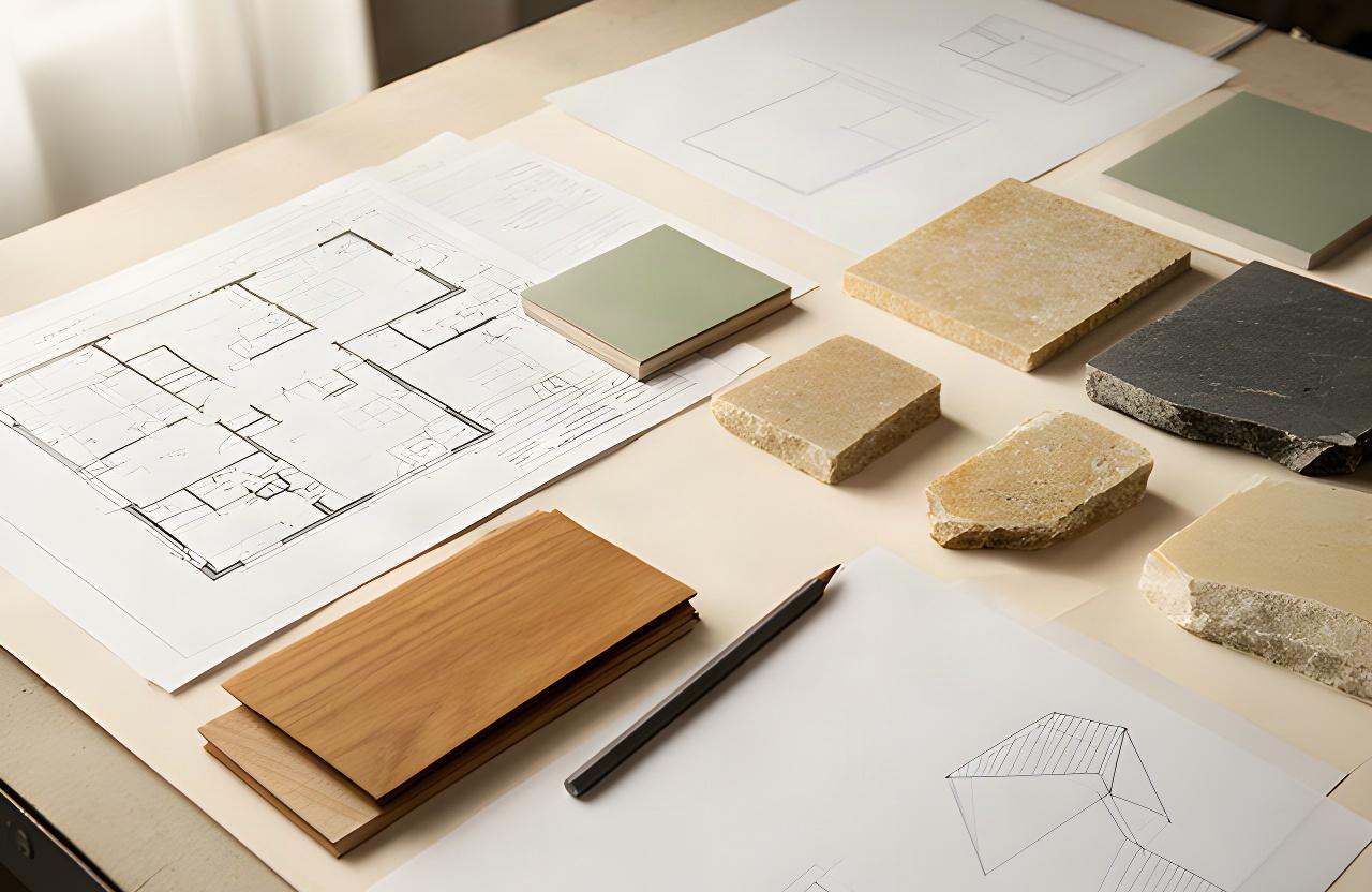 Tavolo da lavoro con planimetrie, campioni di legno e matita in uno studio tecnico