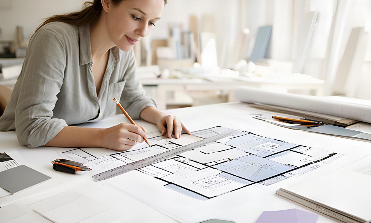 Architetta al lavoro su una planimetria residenziale in uno studio luminoso