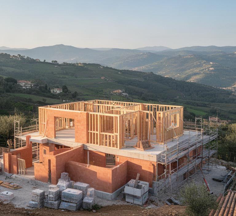 Cantiere residenziale ordinato sulle colline vicino a Genova con struttura in costruzione