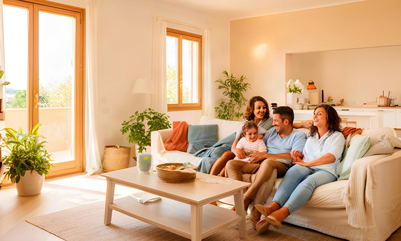 Famiglia riunita in un soggiorno luminoso di una casa completata dopo la ristrutturazione