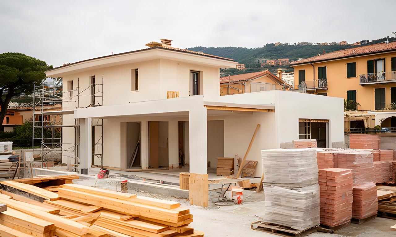 Cantiere residenziale a Genova con struttura in costruzione e materiali ordinati