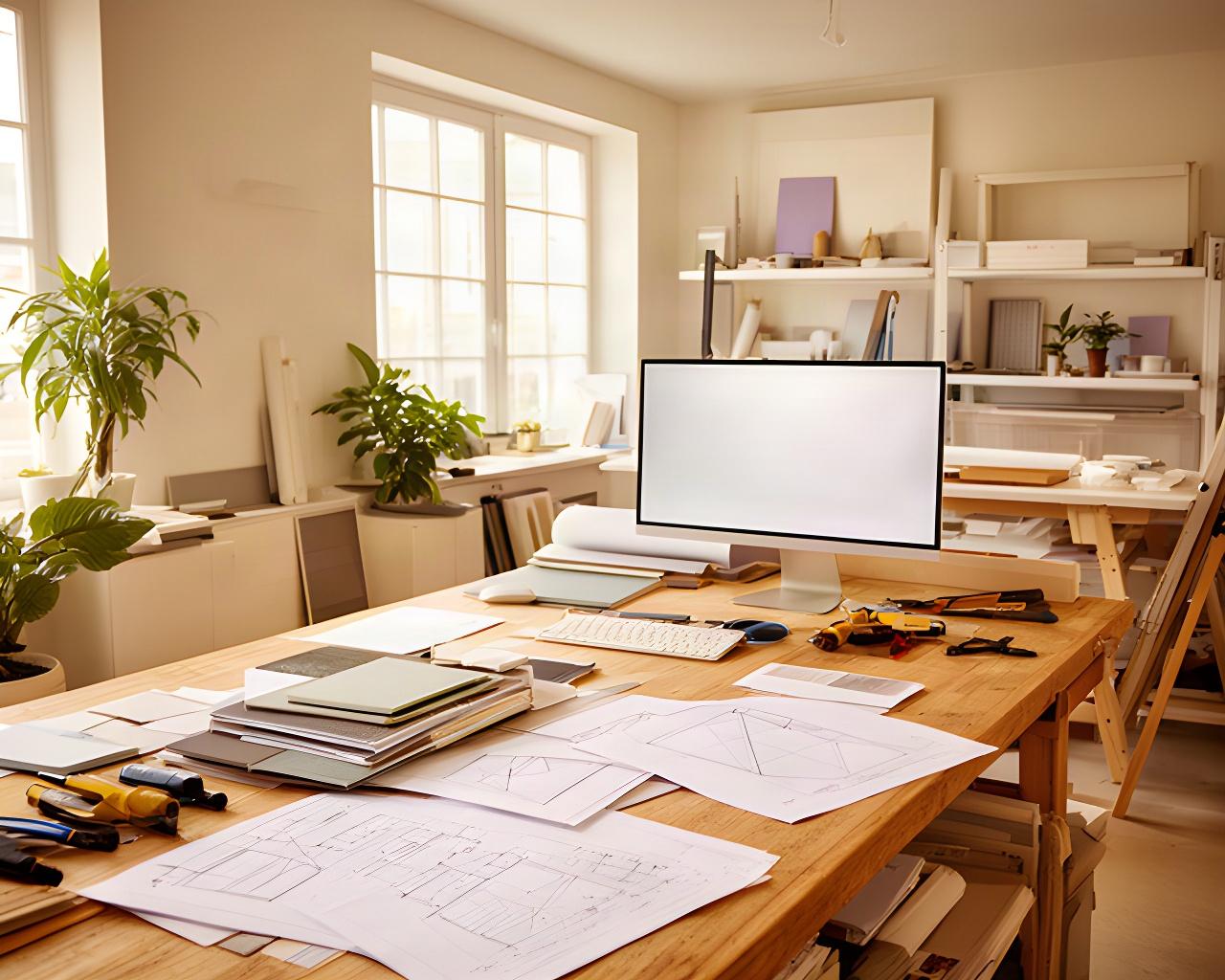 Studio di progettazione residenziale con tavolo in legno, computer e disegni architettonici