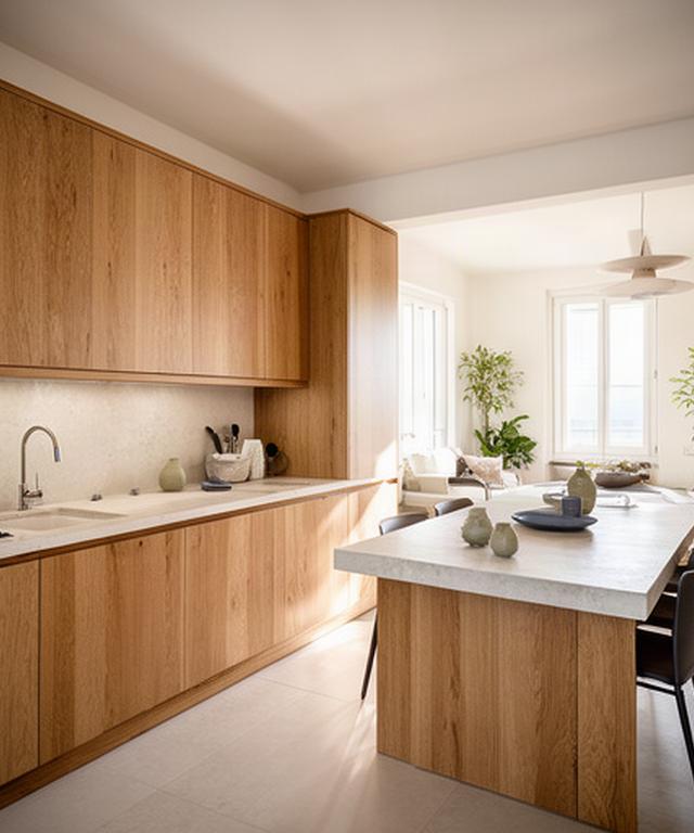 Interno di una casa ristrutturata a Genova con cucina in legno e luce naturale